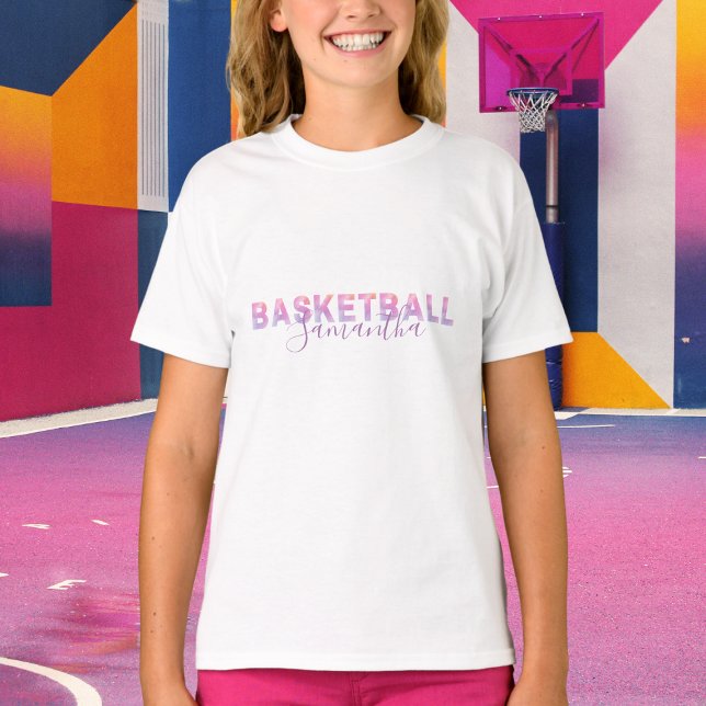 Personalised Girls Basketball Modern Pink Letters  T-Shirt (Creator Uploaded)