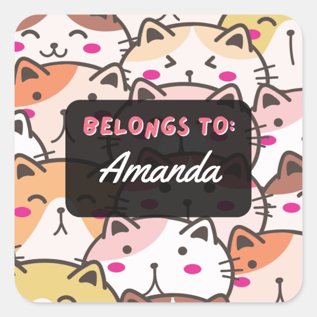 Personalised Girls BELONGS TO Cat Square Sticker (Front)