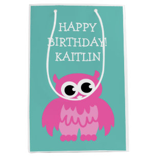 Personalised girls Birthday cute pink owl gift bag