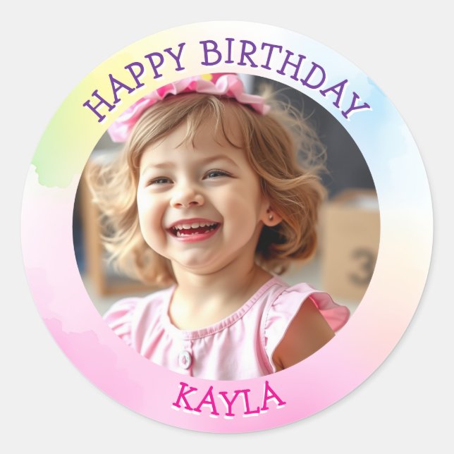 Personalised Girl's Birthday Photo Classic Round Sticker (Front)