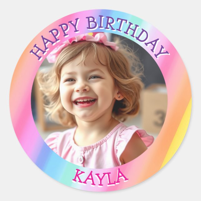 Personalised Girl's Birthday Photo Classic Round Sticker (Front)