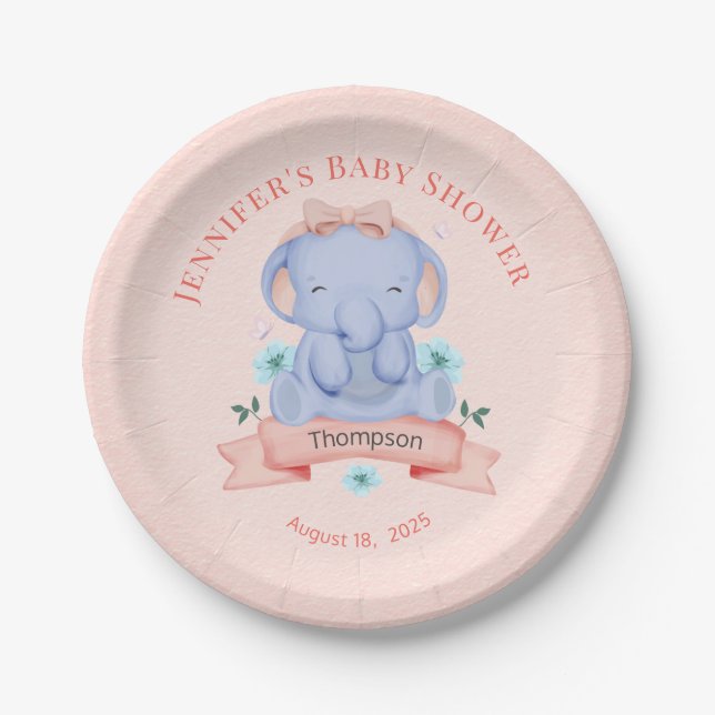 Personalised Girls Blue Elephant Coral Paper Plate (Front)
