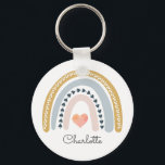 Personalised Girl's Boho Rainbow   Key Ring<br><div class="desc">Modern adorable boho pastel rainbow watercolor key chain for a girl with pink heart in the middle.</div>