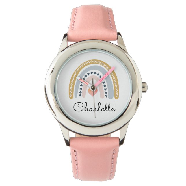 Personalised Girl's Boho Watercolor Rainbow Heart Watch (Front)