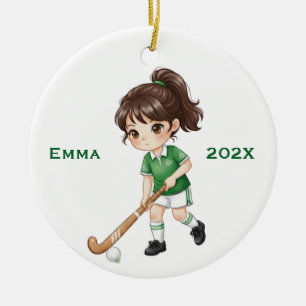 Personalised Girls (Dark Hair) Field Hockey Player Ceramic Ornament