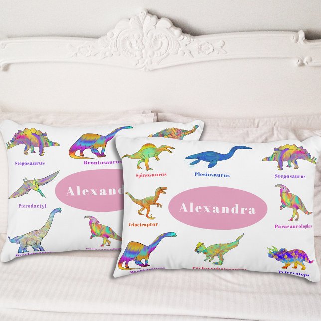 Personalised Girls Dinosaur Decorative Cushion (Colorful dinosaurs with names custom pink pillow for girls that love dinos T-Rex velociraptor )