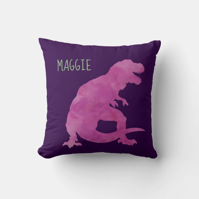 Personalised Girls Dinosaur Purple Watercolor Cushion (Front)