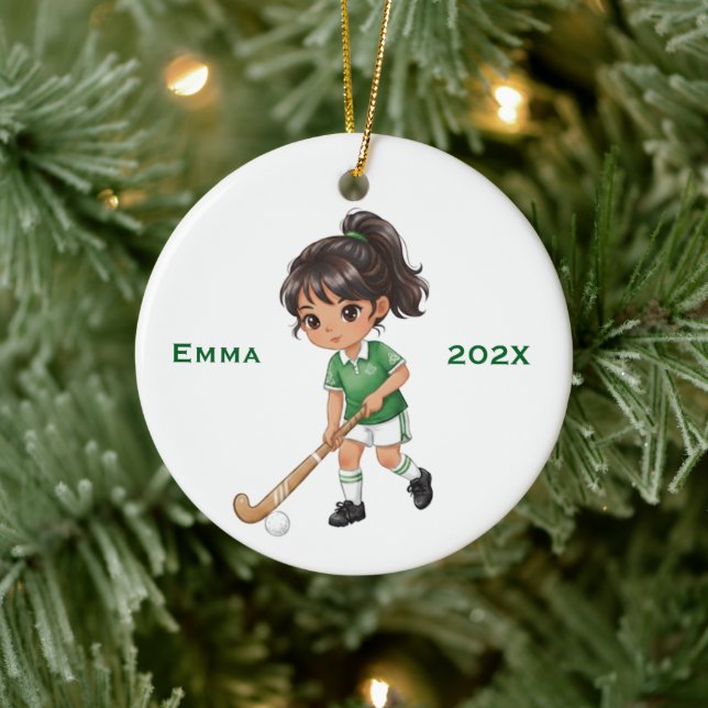 Personalised Girls Field Hockey Player Ceramic Ornament (Tree)