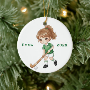 Personalised Girls Field Hockey Player Ceramic Ornament