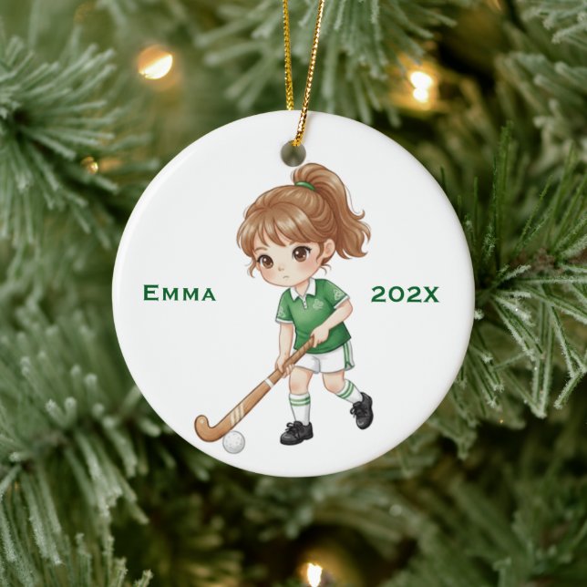 Personalised Girls Field Hockey Player Ceramic Ornament (Tree)