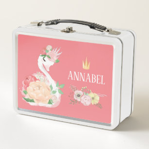 Personalised Girls floral Swan  Metal Lunch Box