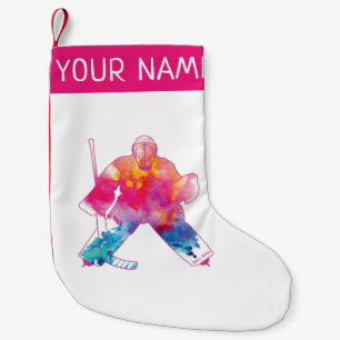 Personalised Girls Hockey Goalie Pink Watercolor Small Christmas Stocking