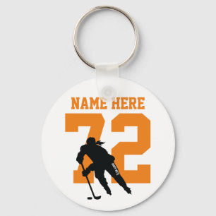 Personalised Girls Hockey Name Number Orange Key Ring