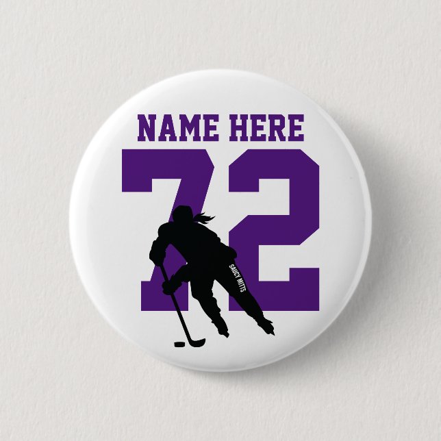 Personalised Girls Hockey Name Number Purple 6 Cm Round Badge (Front)