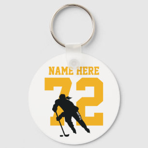 Personalised Girls Hockey Player Name Number Gold Key Ring