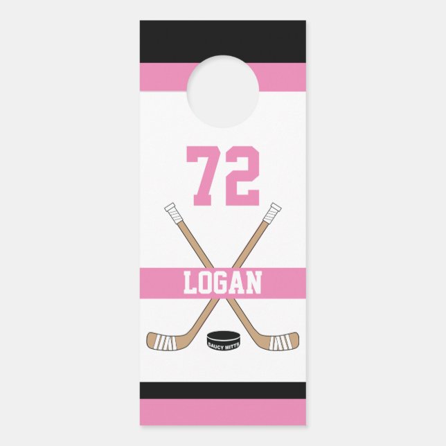 Personalised Girls Hockey Player Name Number Pink Door Hanger (Front)