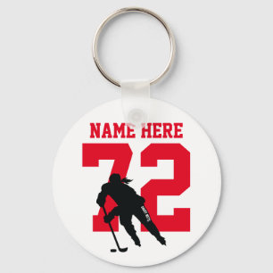 Personalised Girls Hockey Player Name Number Red Key Ring