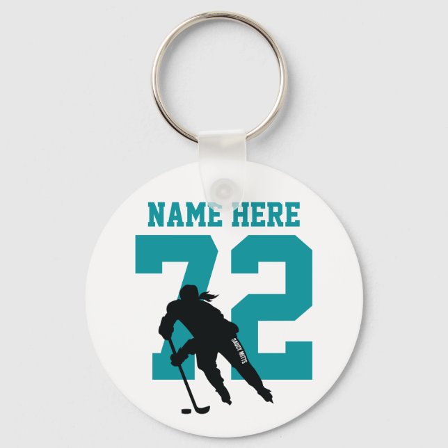 Personalised Girls Hockey Player Name Number Teal Key Ring (Front)