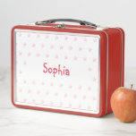 Personalised Girls Kids Name Pink Stars Red School Metal Lunch Box<br><div class="desc">Create your own custom, personalised, fun dark pink typography / script / font monogram monogrammed, modern cool chic stylish, girly pink stars pattern design background, adorable, durable food safe tin plate, food contact safe interior material, classic style kids girls boys metal school lunch box with collapsible black plastic handles. Simply...</div>