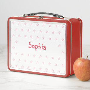 Personalised Girls Kids Name Pink Stars Red School Metal Lunch Box