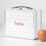 Personalised Girls Name Pink Hearts Kids School Metal Lunch Box<br><div class="desc">Create your own custom, personalised, fun dark pink typography / script / font monogram monogrammed, modern cool chic stylish, girly cute pink hearts pattern design background, adorable, durable food safe tin plate, food contact safe interior material, classic style kids girls boys metal school lunch box with collapsible black plastic handles....</div>