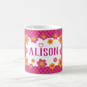 Personalised girls name plaid pink yellow flowers coffee mug