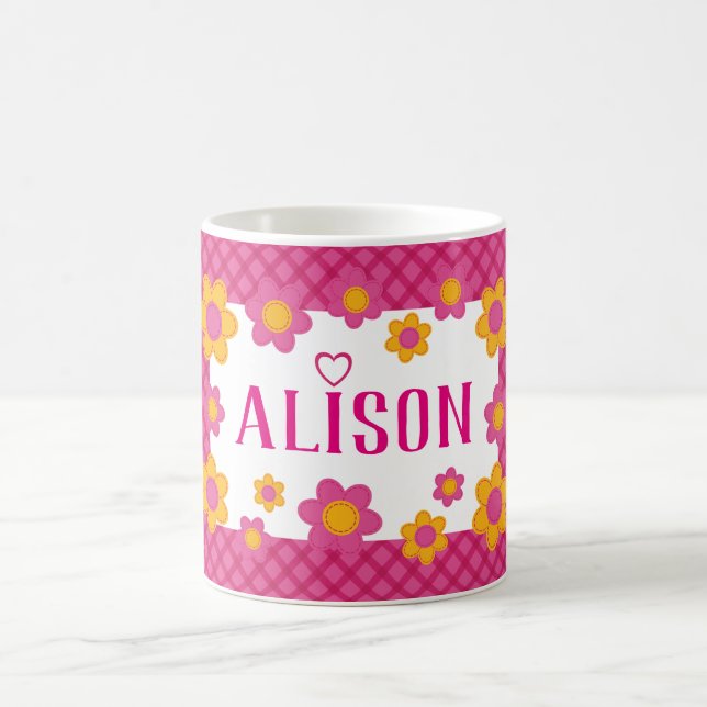 Personalised girls name plaid pink yellow flowers coffee mug (Center)