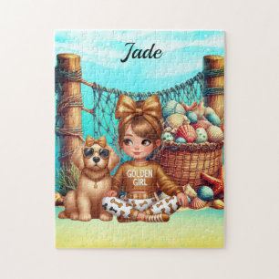 Personalised Girl's name sitting with her puppy Jigsaw Puzzle