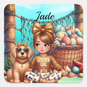 Personalised Girl's name sitting with her puppy Square Sticker
