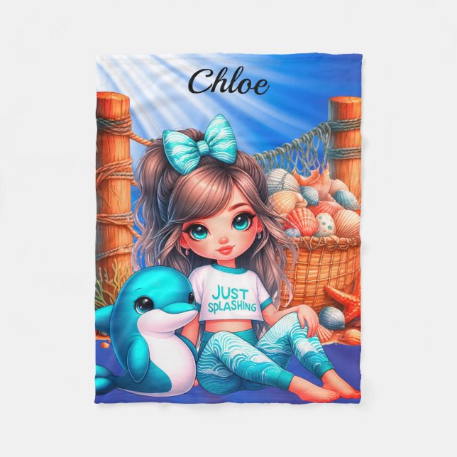 Personalised Girl's name sitting with her shells Fleece Blanket (Front)