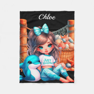 Personalised Girl's name sitting with her shells Fleece Blanket