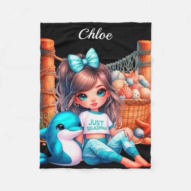 Personalised Girl's name sitting with her shells Fleece Blanket (Front)