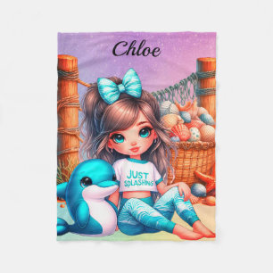 Personalised Girl's name sitting with her shells Fleece Blanket