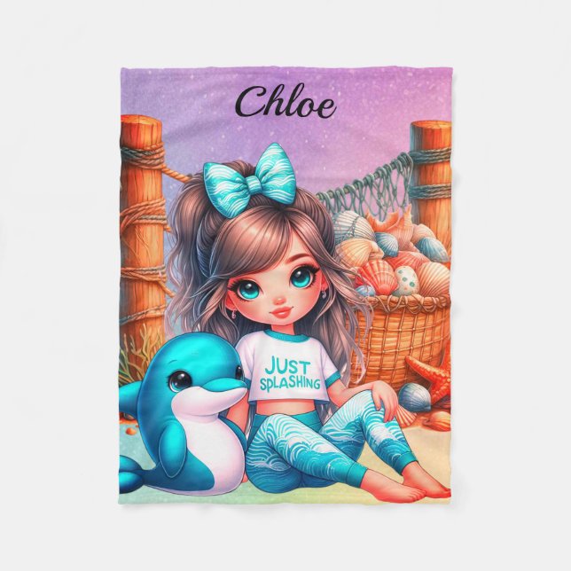 Personalised Girl's name sitting with her shells Fleece Blanket (Front)