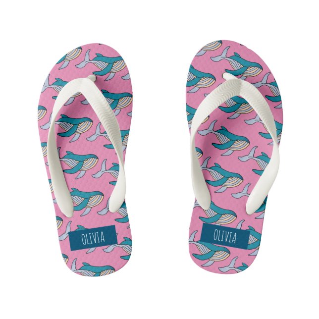 Personalised Girls Pink Blue Whale Ocean Pattern Kid's Thongs (Footbed)