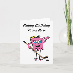 Personalised Girls Pink Hockey Monster Birthday Card