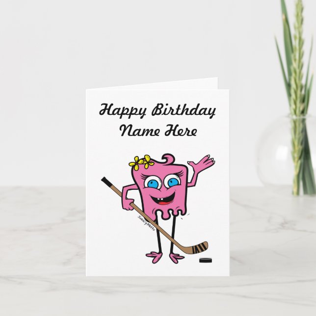 Personalised Girls Pink Hockey Monster Birthday Card (Front)