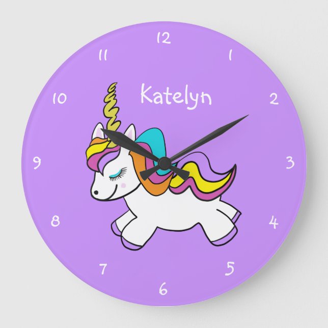 Personalised Girls Purple Unicorn Large Clock (Front)