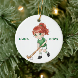 Personalised Girls (Red Hair) Field Hockey Player Ceramic Ornament