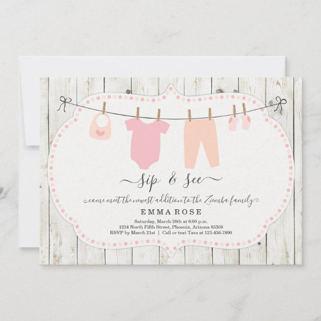 Personalised Girls Sip and See Invitation - Rustic (Front)