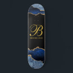 Personalised Girl's Skateboard<br><div class="desc">Personalised gold monogram on black with blue black agate gold glitter edges. Abstract geode</div>