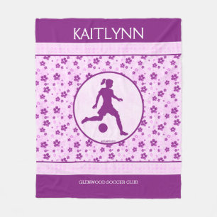 Personalised Girl's Soccer Purple Heart Floral Fleece Blanket