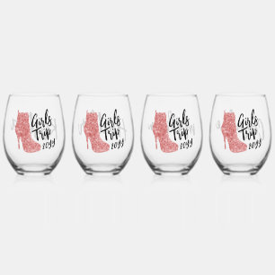 Personalised Girls Trip Disco Mirror Pink Boots Stemless Wine Glass