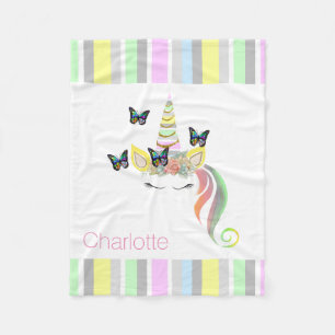 Personalised Girls Unicorn with Pastel Stripes Fleece Blanket
