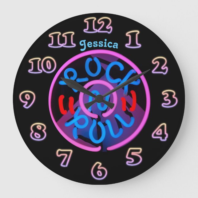 Personalised GIRLS WALL Clock NEON Retro RocknRoll (Front)