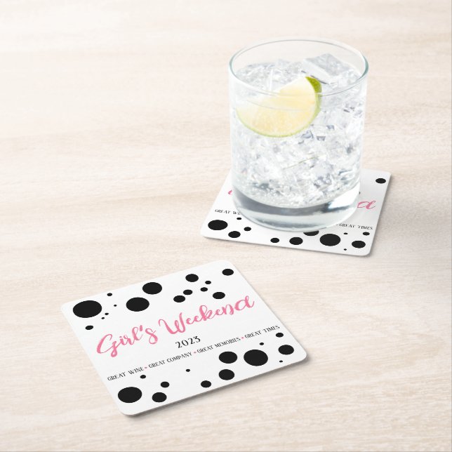 Personalised Girl's Weekend Pink Dotted Square Paper Coaster (Insitu)