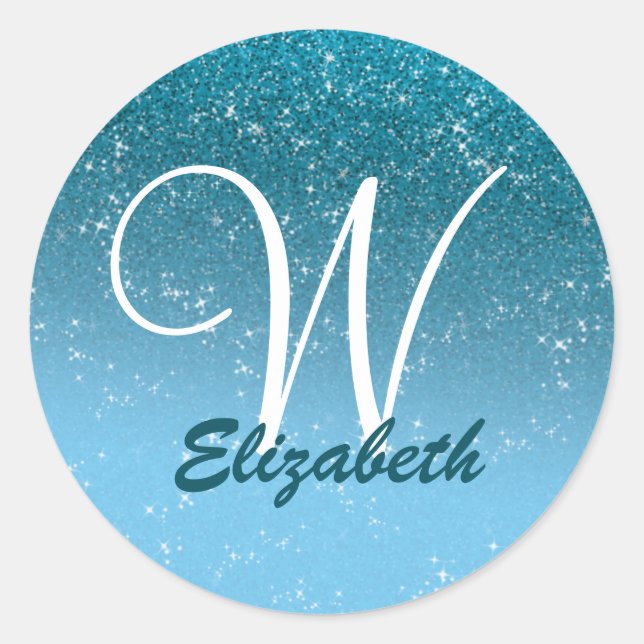 Personalised Girly Blue Glitter Sparkles Monogram Classic Round Sticker (Front)
