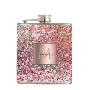 Personalised Girly Blush Pink Glitter Monogram Hip Flask