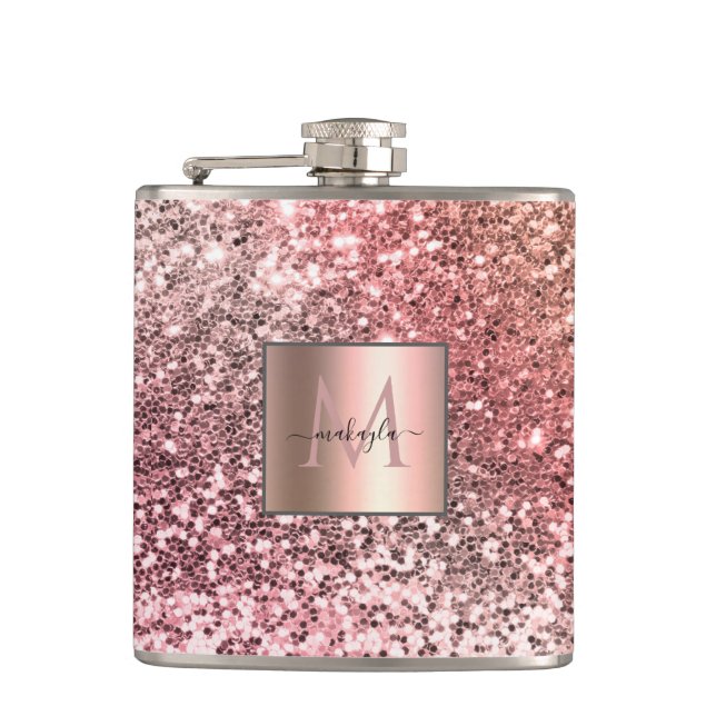 Personalised Girly Blush Pink Glitter Monogram Hip Flask (Front)