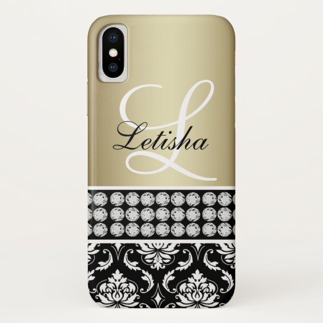 Personalised Girly Bold Gold Black Damask Monogram Case-Mate iPhone Case (Back)